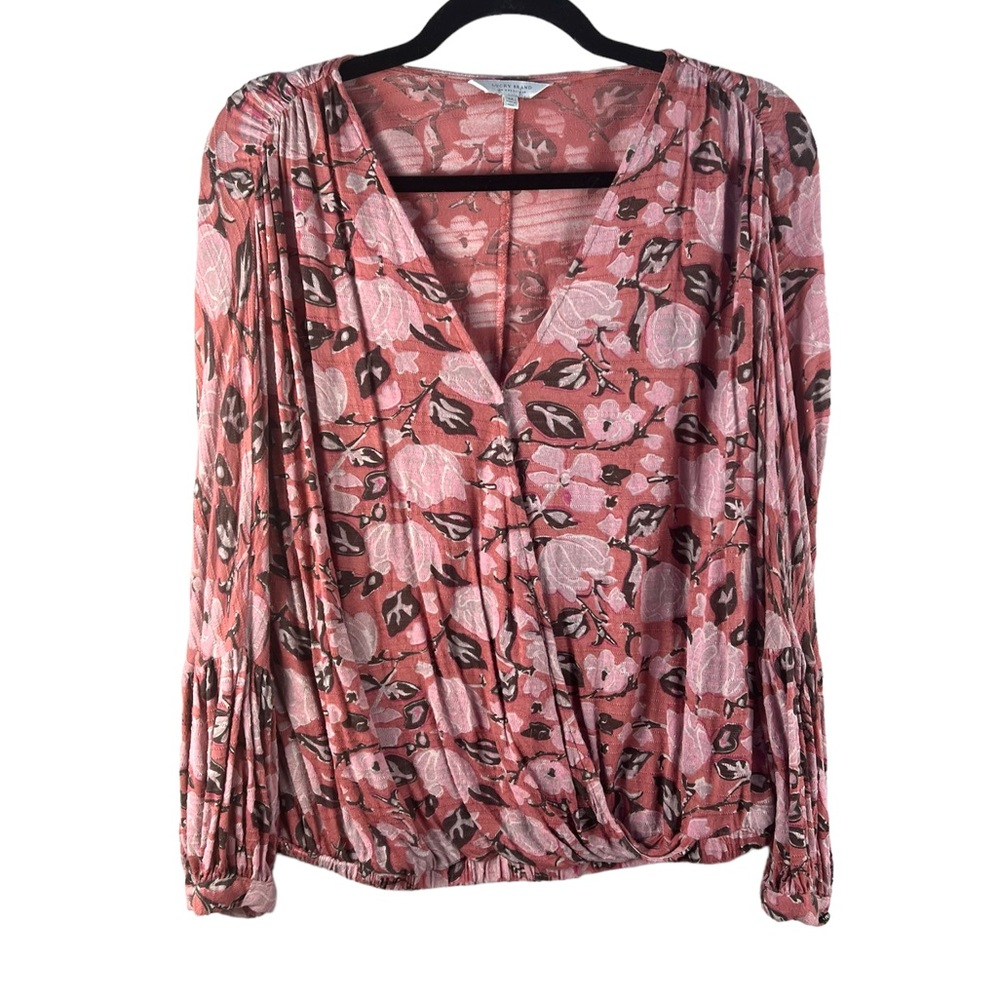 Lucky Brand Floral Blouse Women M Pink Brown V-Neck Elastic Waist Balloon Sleeve
